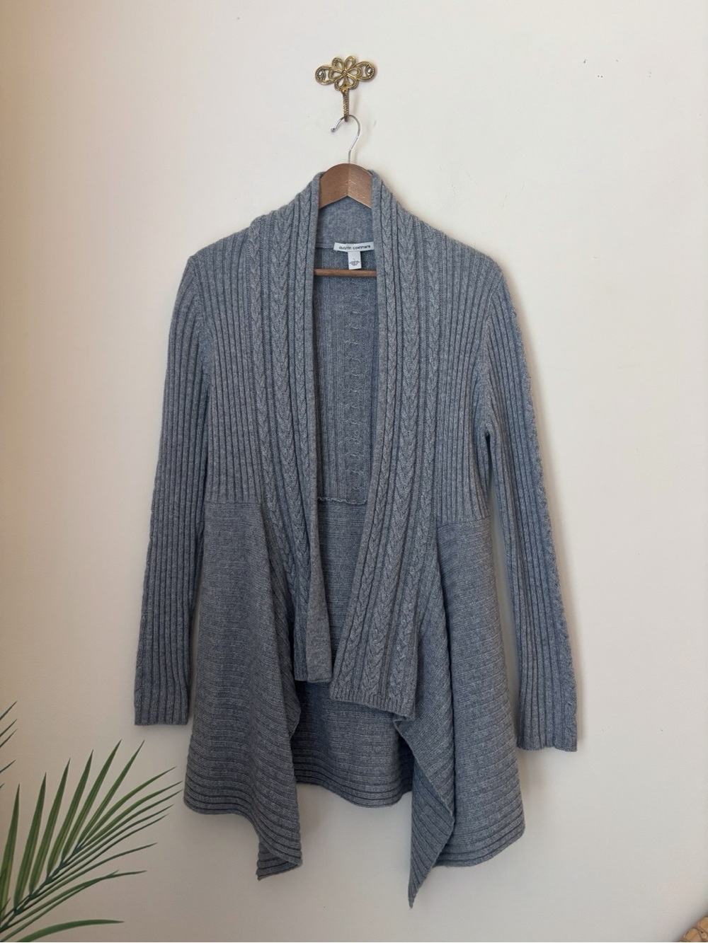 Autumn Cashmere Grey Cable Knit Ribbed Open Front Cardigan Sweater Large